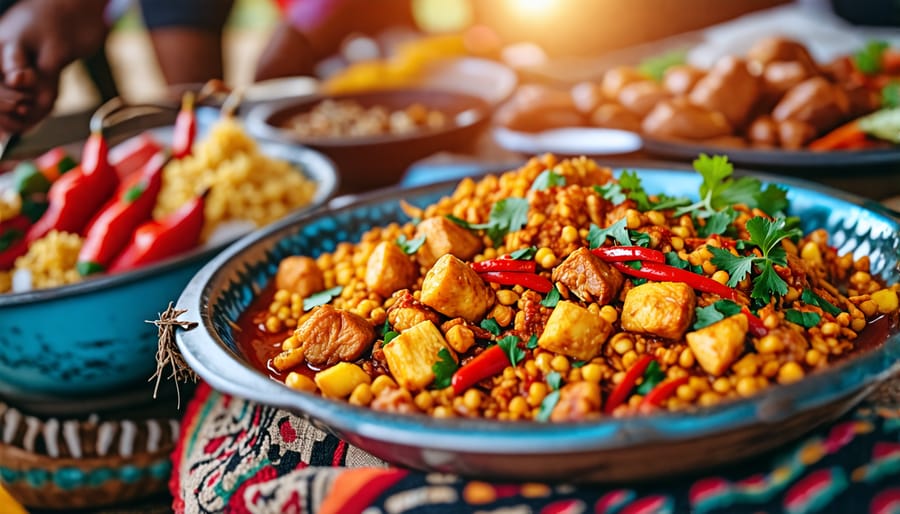 Indigenous people participating in a food-sharing event with an array of traditional foods