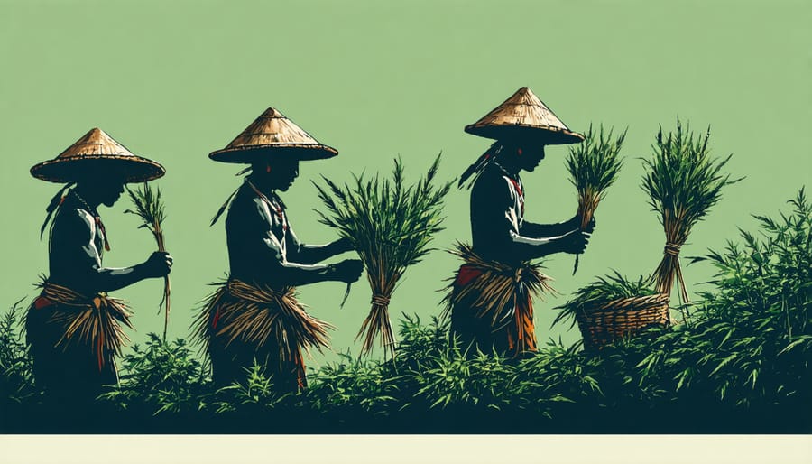 Indigenous people harvesting hemp in a traditional setting